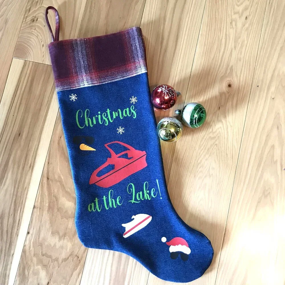 Denim Christmas Stocking Lake House Christmas Decor, Boating Fishing Applique